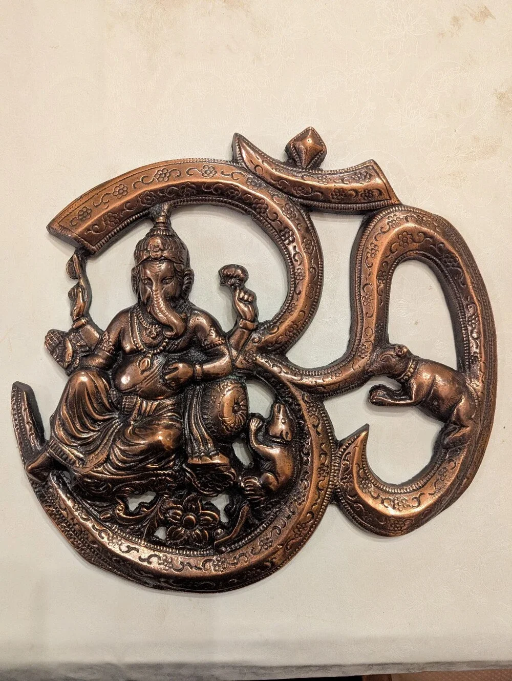 Vintage Handcrafted Metal Om Ganesha Wall Hanging Sculpture in Copper 11